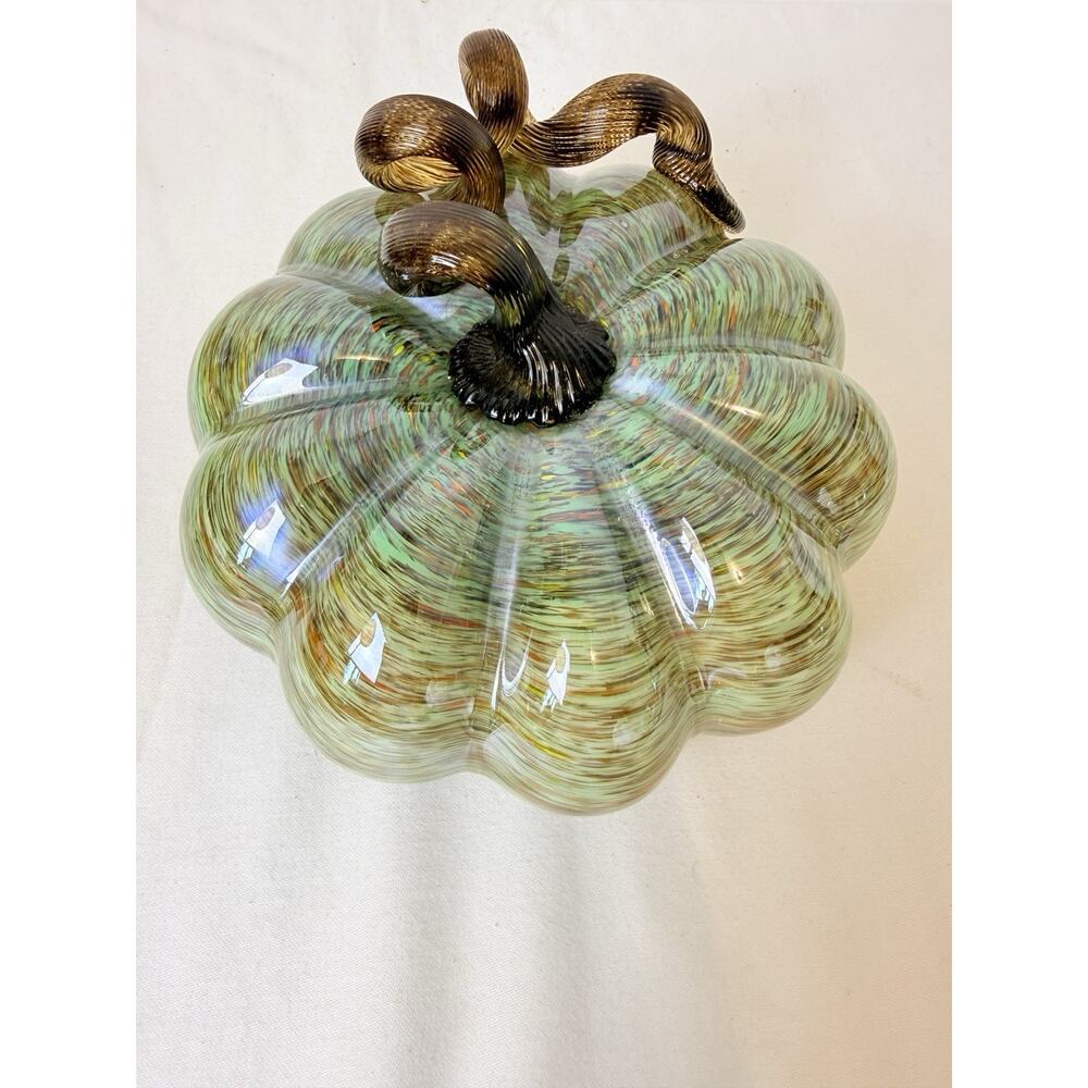 Hand Blown Art Glass Pumpkin Green Swirl Twisted Stem Studio Fall Decor
